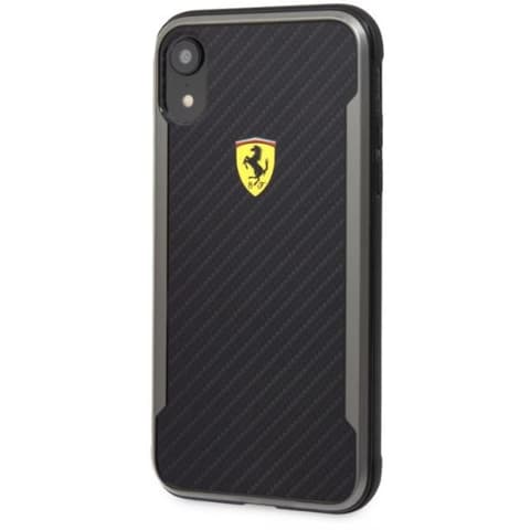FERRARI Racing Shield nyomott karbon hatású tok iPhone XR fekete