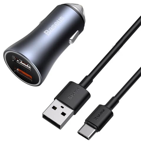 BASEUS Golden Contactor Pro auto punjač 2xUSB 40W + USB-C kabel sivo