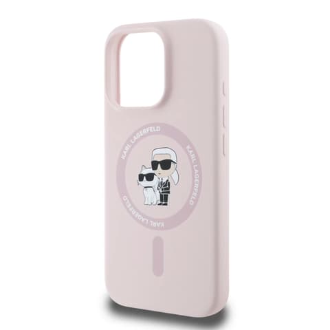KARL LAGERFELD Liquid Silicone MagSafe Hülle iPhone 16 Pro Karl and Choupette Rosa