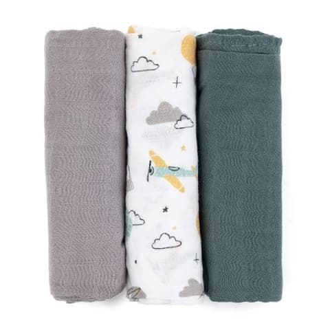 PETITE AND MARS Bambusz muszlin 3db-os pelenka szett 68 x 68 cm Moussy Grey Planes