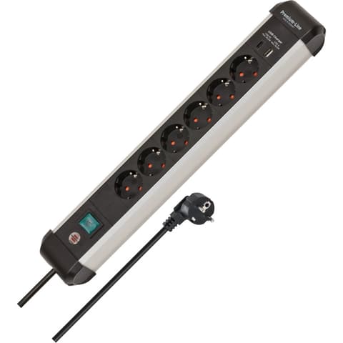 BRENNENSTUHL Premium-Alu-Line 6-os elosztó 2x USB fekete/alumínium 3 méter kábel USB-A USB-C biztonsági kapcsolóval 1391030611