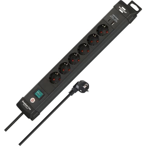 BRENNENSTUHL Premium-Line 6-os elosztó 2x USB csatlakozóval fekete 3 méter kábel biztonsági kapcsolóval 1951160608