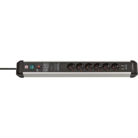 BRENNENSTUHL Premium-Protect-Line 6-os elosztó fekete/alumínium 3 méter 60.000A túlfeszültség védelem 2x USB-A 1391010610