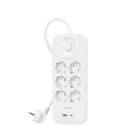 BELKIN SRB002VF2M-V2 Elosztó 6 aljzat USB-A+USB-C fehér kapcsolós védett