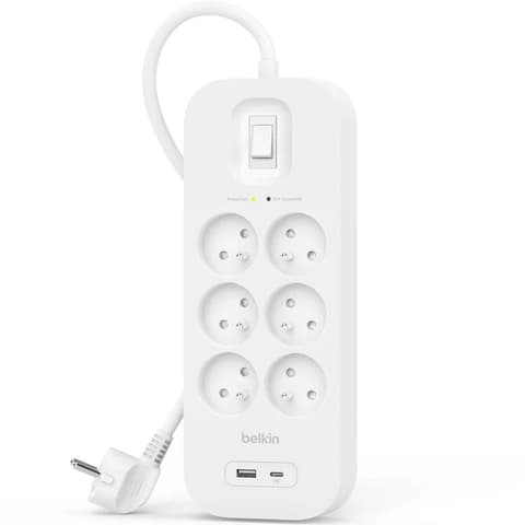 BELKIN SRB002VF2M Elosztó 6 aljzat 2x USB fehér kapcsolós védett (Type E aljzat)
