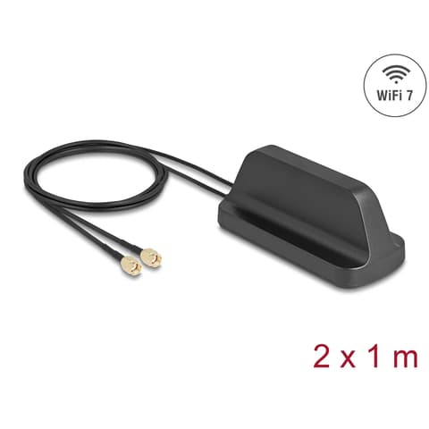 DELOCK WiFi 7 antenna 2 x RP-SMA-dugó 2.4 - 4.0 dBi irányítatlan. magnetic soles and connecting cable ULA100 1 m. kültéri. black