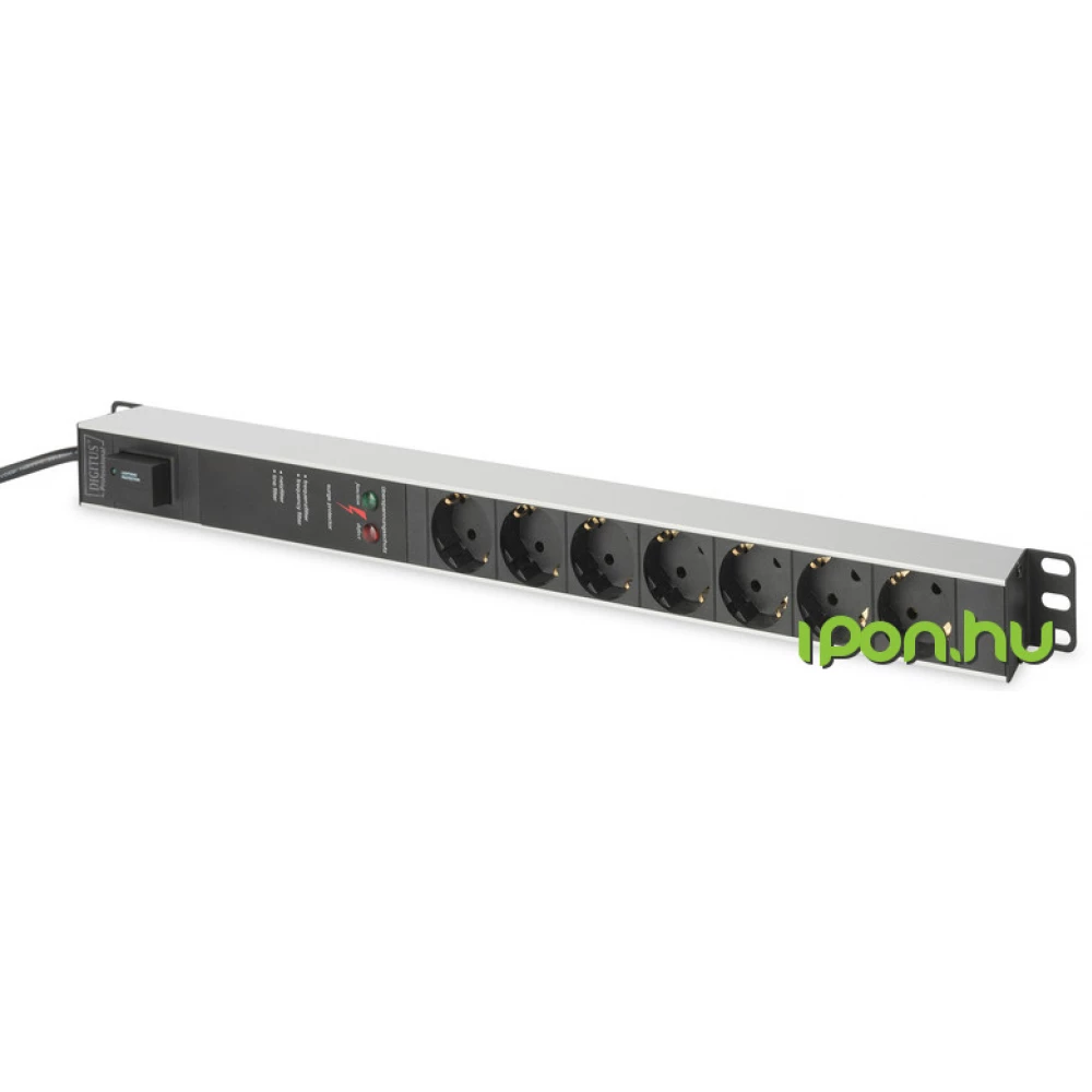 DIGITUS DN-95412 Professional Aluminium outlet strip with removable overvoltage protection and line filter 7 safety outlets 2 m supply safety plug