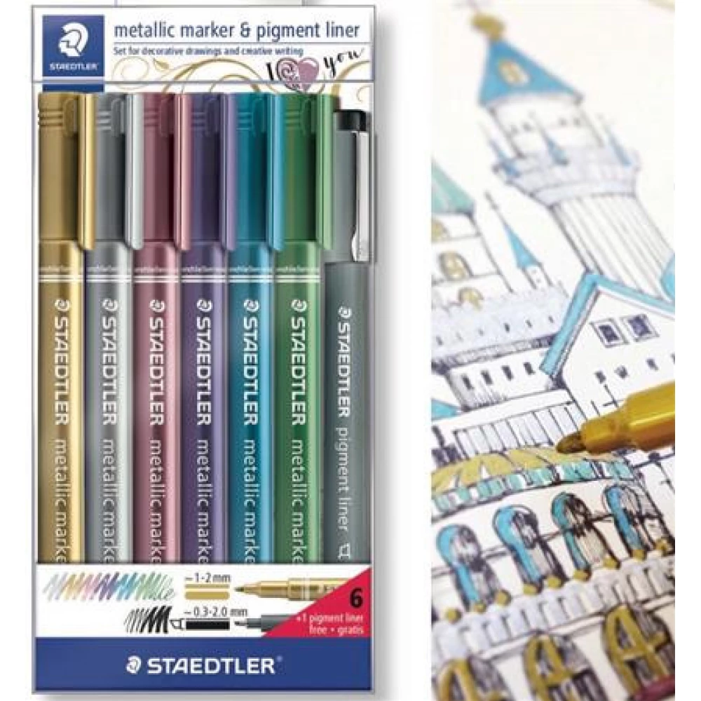 STAEDTLER Dekormarker 1-2 mm kúpos 6 különböző metál szín ajándék fekete tusfilccel