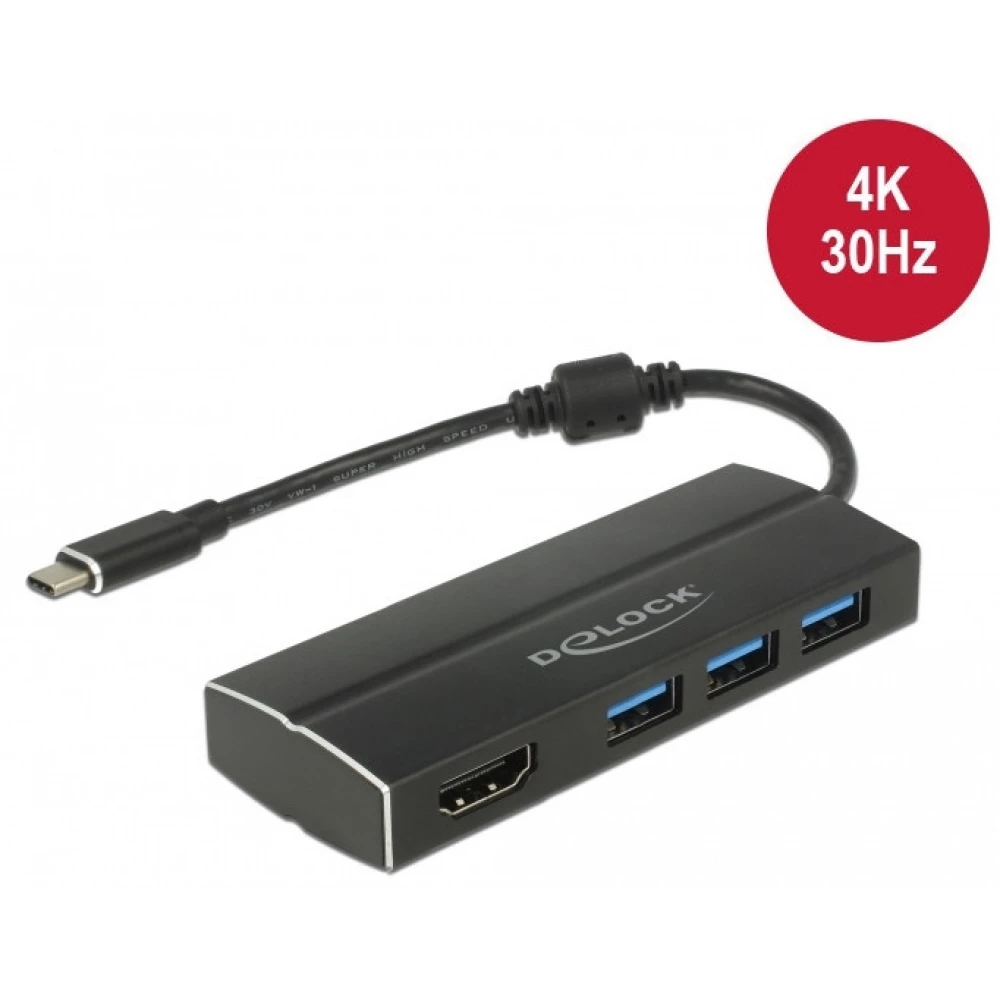 DELOCK USB 3.1 Gen 1 adapter USB Type-C tápfeszültségporttal 3 x 3.0 A-típusú USB kapcsolódási ponttal + 1 x HDMI (DP Alt Mode) 4K 30 Hz
