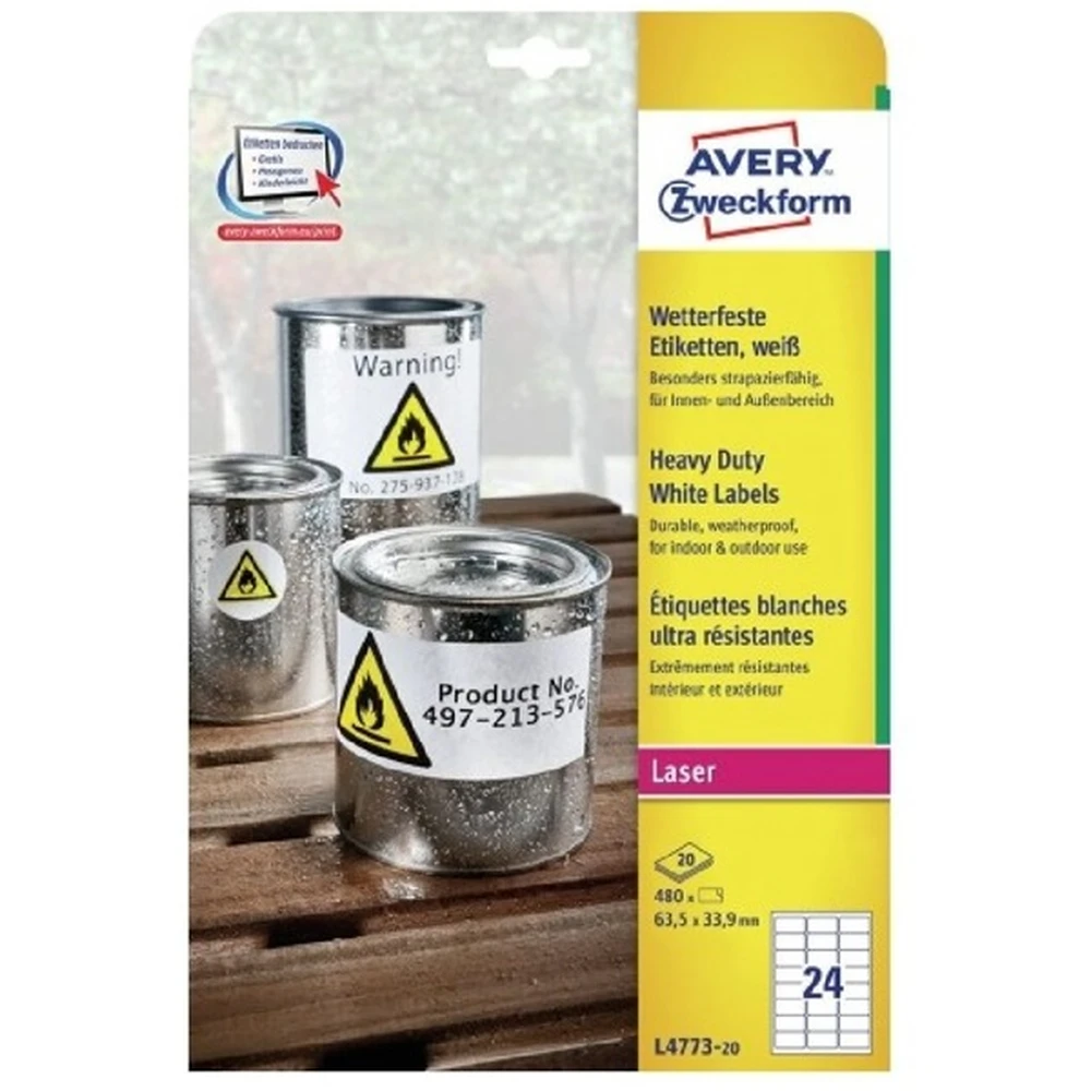 AVERY Időjárásálló Címke lézer nyomtatóhoz 63.5x33.9mm 20x24db fehér