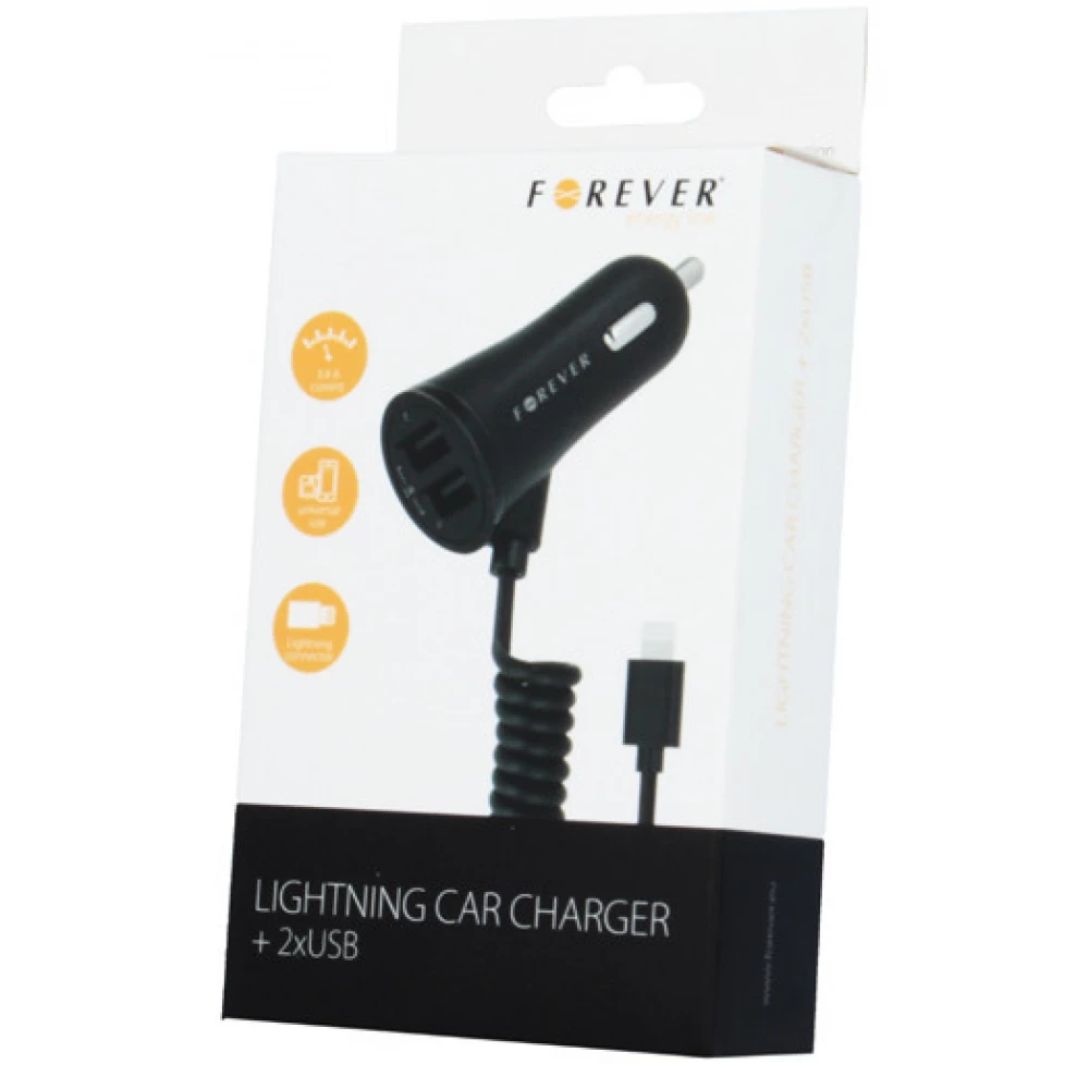 FOREVER MOBILE Car Charger 2xUSB + fix iPhone 8-pin kabel 3.4A crno