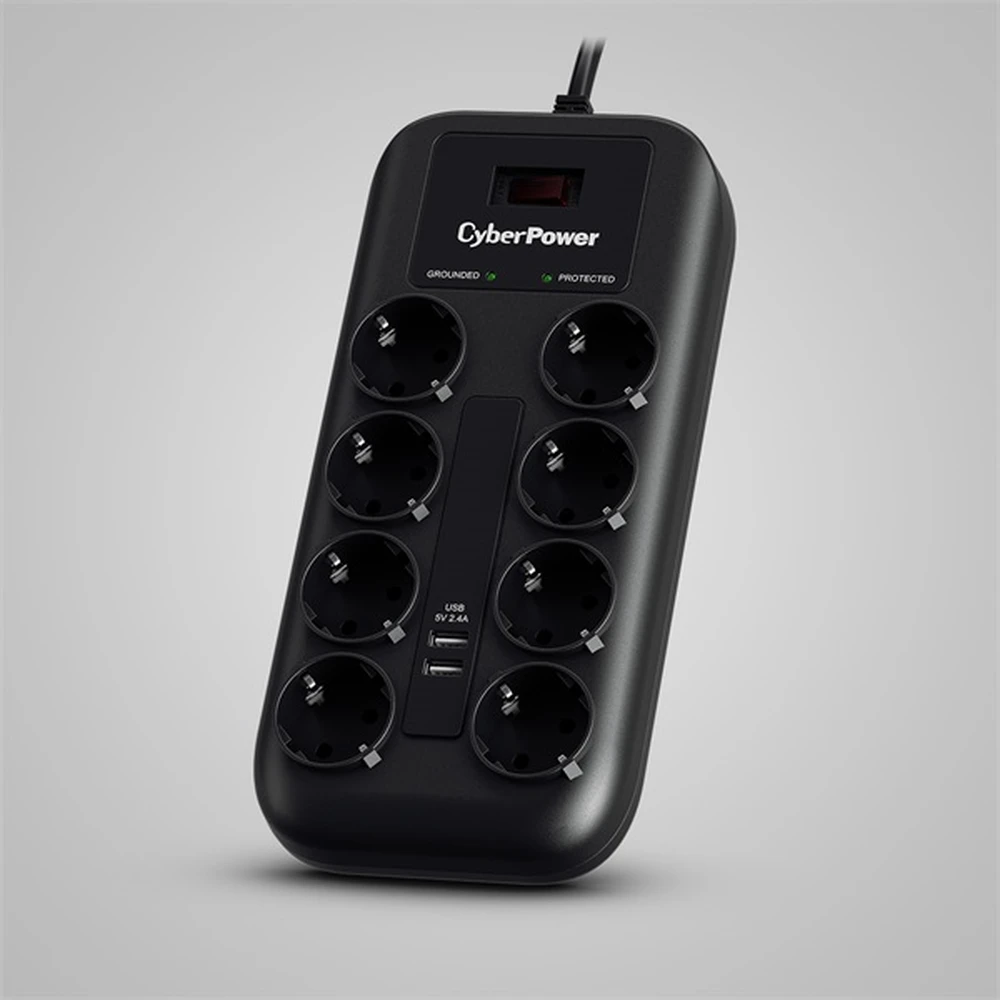 CYBERPOWER P0820SUF0-DE Verteiler 8 Steckdose 2xUSB Schalter geschützt 1.8m schwarz