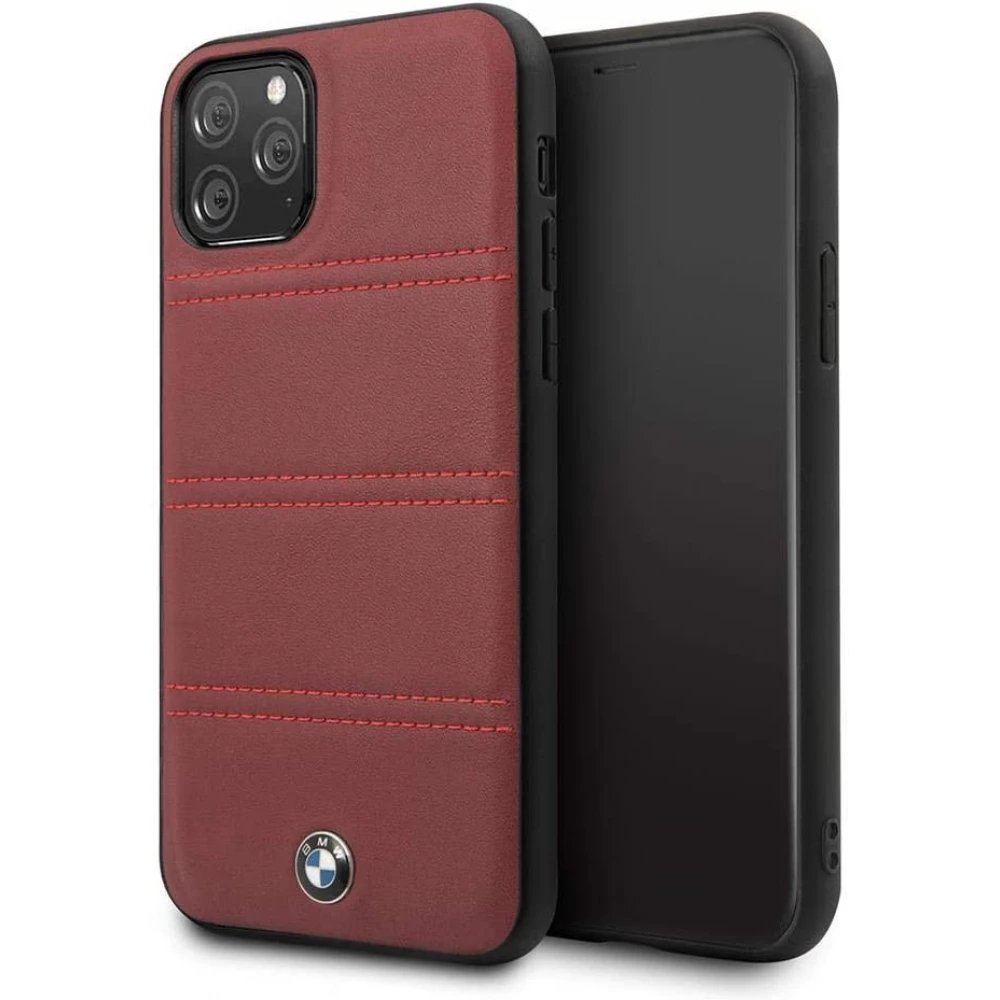 BMW Bőr vízszintes csíkos hátlap tok BMW Logóval iPhone 11 Pro burgundi vörös