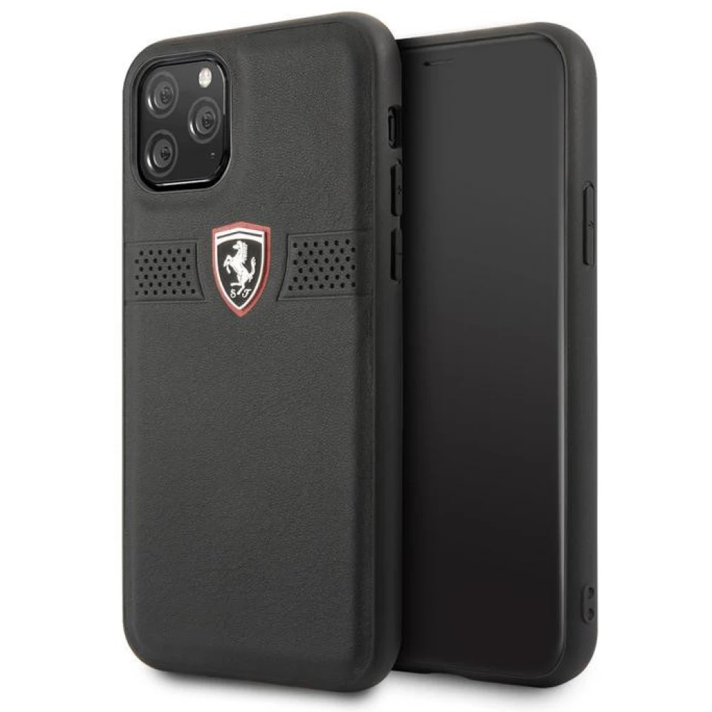 FERRARI Koža pozadina case reljefni lukacsos traka Ferrari Off Track Logo iPhone 11 Pro crno