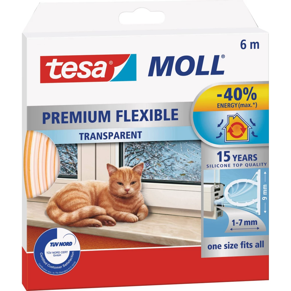 TESA Door and ablaktömítő ribbon 9 mm x 6 m "tesamoll® Premium Flexible" transparent