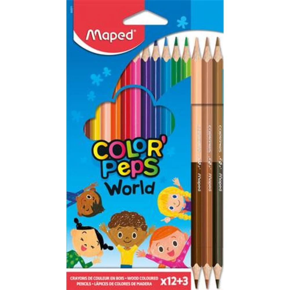 MAPED Color Peps World Színes ceruza készlet háromszögletű 12 különböző szín + 3 kétvégű bőrtónus ceruza