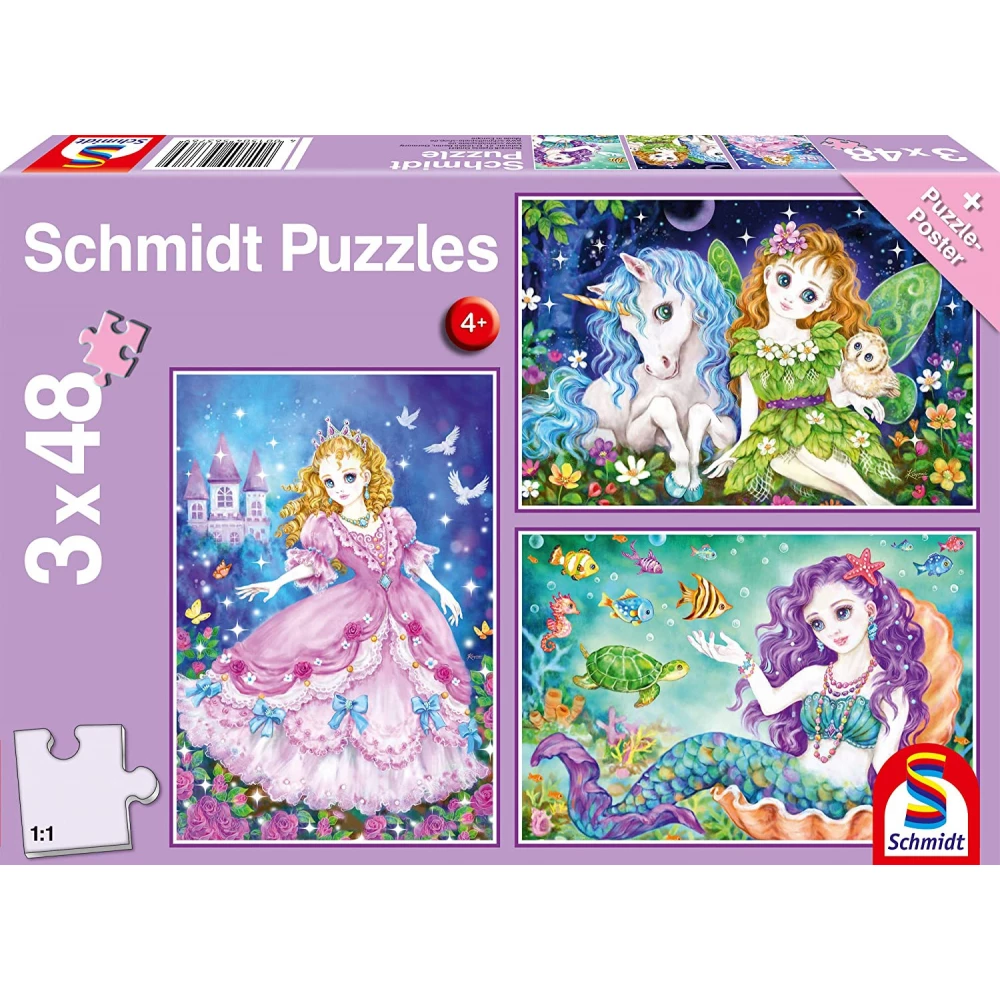 SCHMIDTSPIELE Puzzle játék 3x 48 darabos A hercegnő az angyal és a sellő