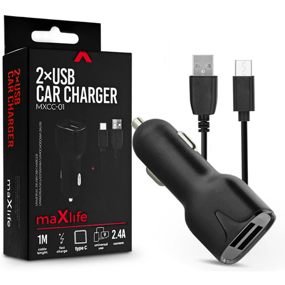 Maxlife MXCC-01 Auto- Ladegerät 2xUSB + USB-C Kabel schwarz
