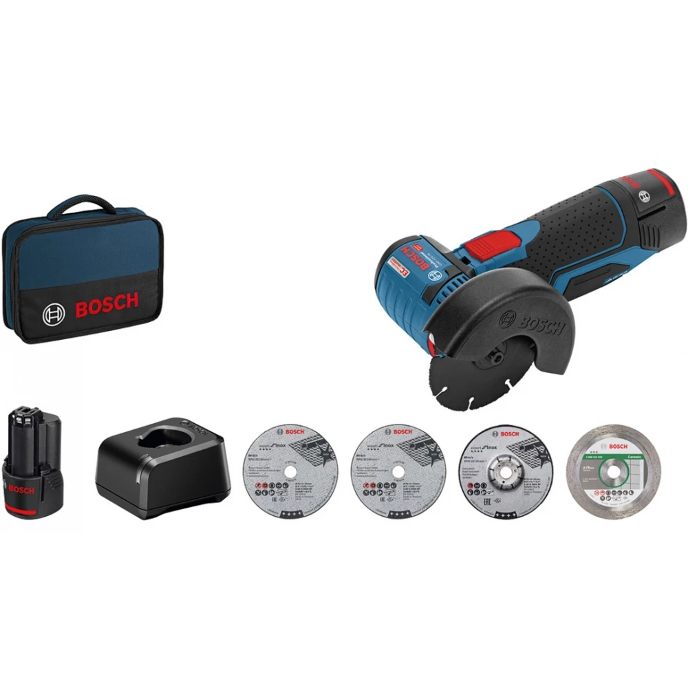 BOSCH GWS 12V-76 Professional akkus brus aktovka 2 x 2.0 Ah lítium-ion baterija pribor kit