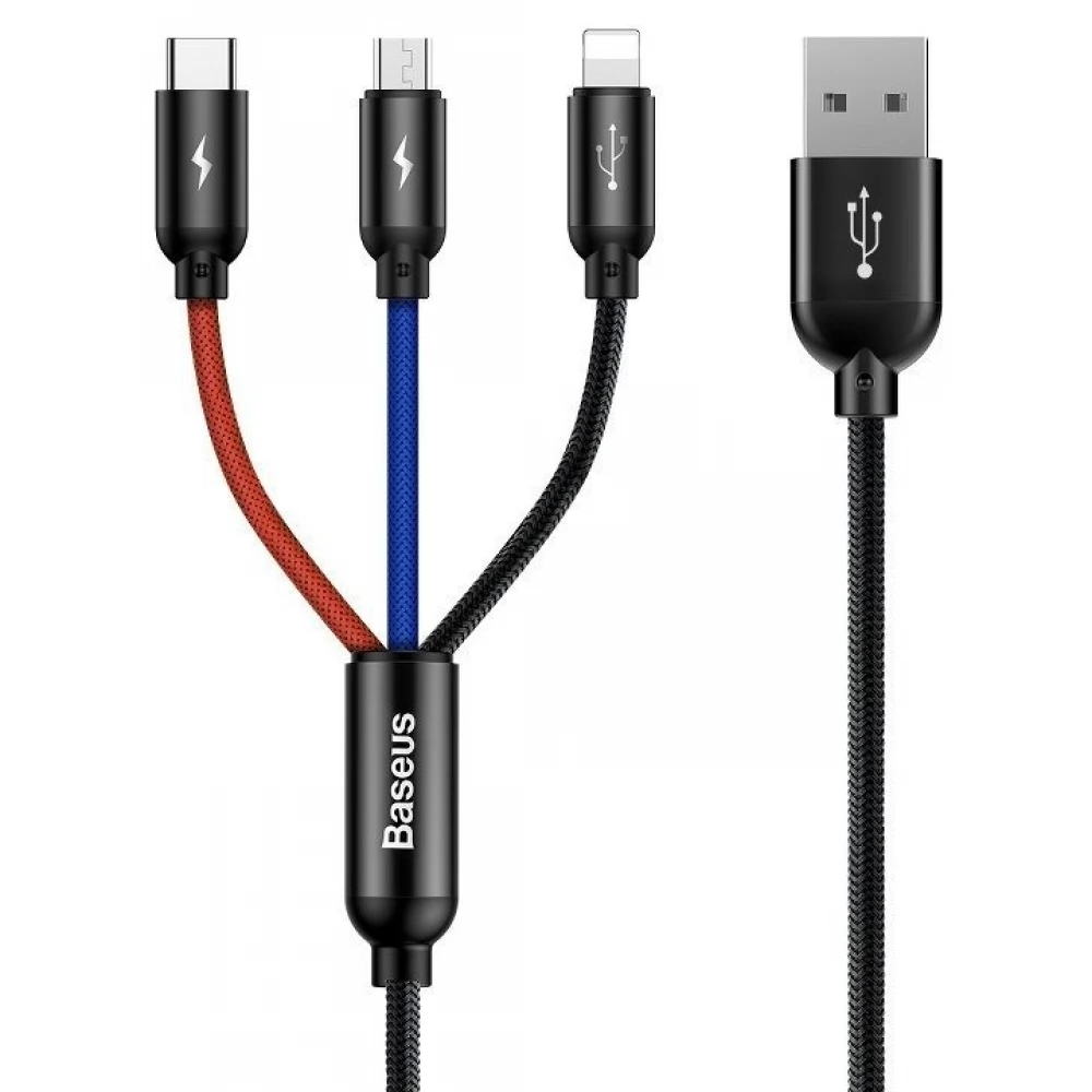 BASEUS USB Lightning + Micro USB + USB Type C transformator Crno 30cm CAMLT-ASY01