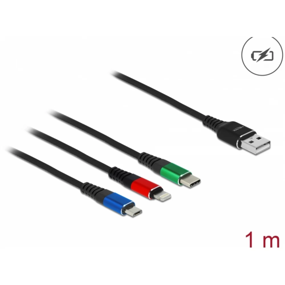 DELOCK USB Lightning + Micro USB + USB Type C Converter Black 1m 87277