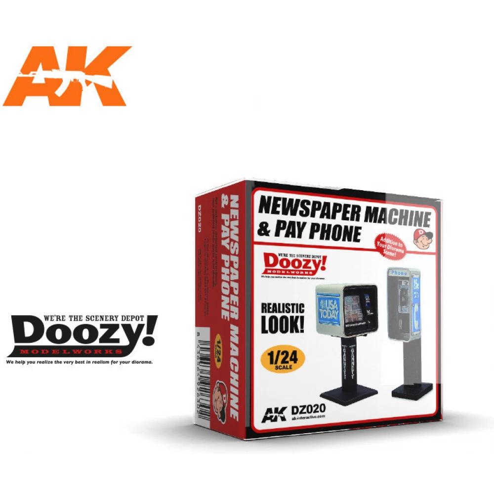 AK INTERACTIVE 1/24 Newspaper Machine & Pay Phone újságos automata és fülkés telefon dioráma kiegészítő