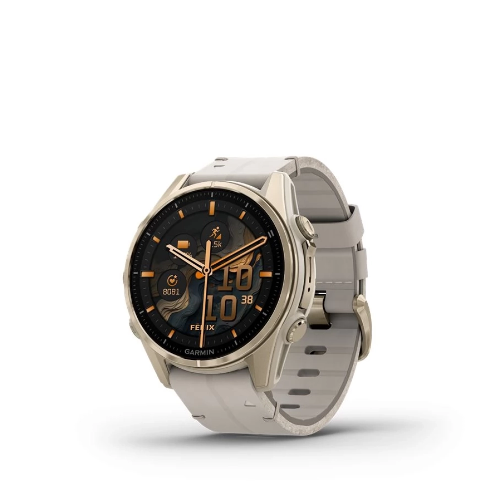 GARMIN Fenix 8 43mm Amoled Sapphire krémarany steel homokkő bőrszíjjal + homokkő/szürke silicone strap