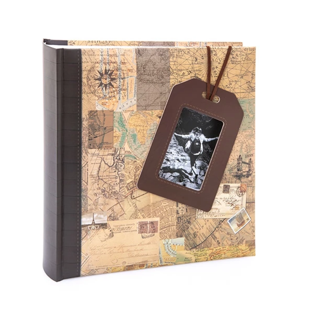 KENRO Kusso Travel Lagguage Tag fotóalbum memo 200db 10x15 ablakos borító térkép minta barna