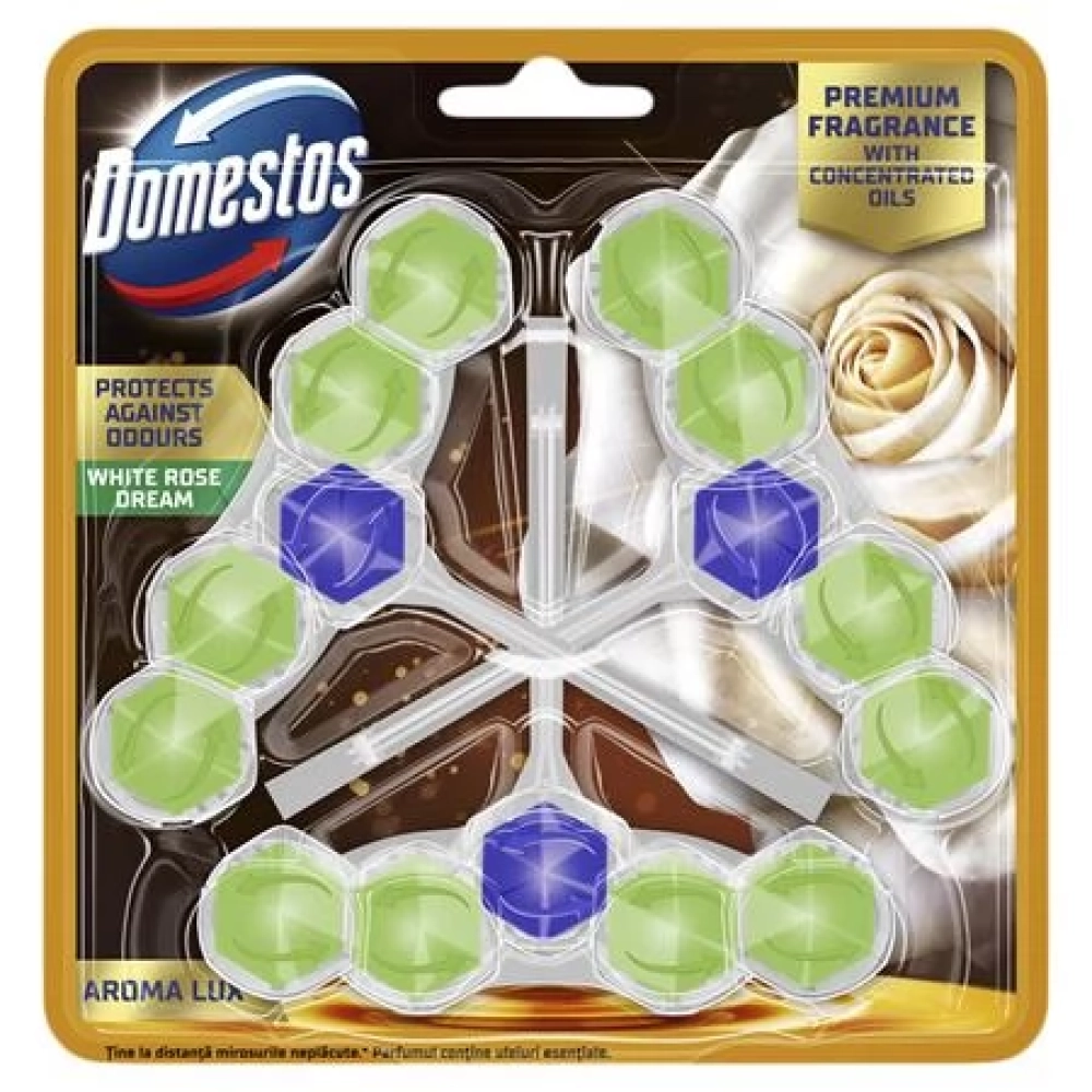 DOMESTOS WC frissítő blokk Aroma Lux fehér rózsabimbó/teafa olaj 3db