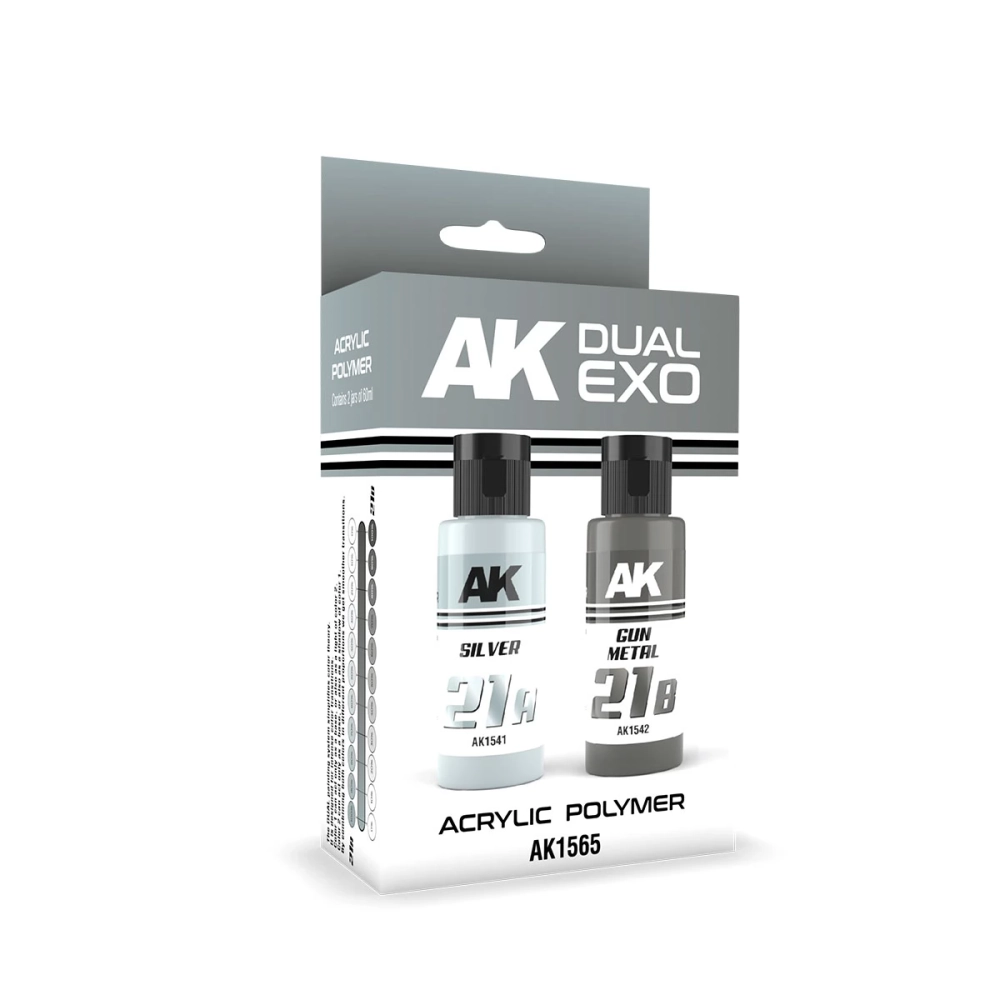 AK INTERACTIVE Dual Exo Silver and Gun Metal félfényes ezüst és fegyver fémszín polimer festék készlet 2x 60ml