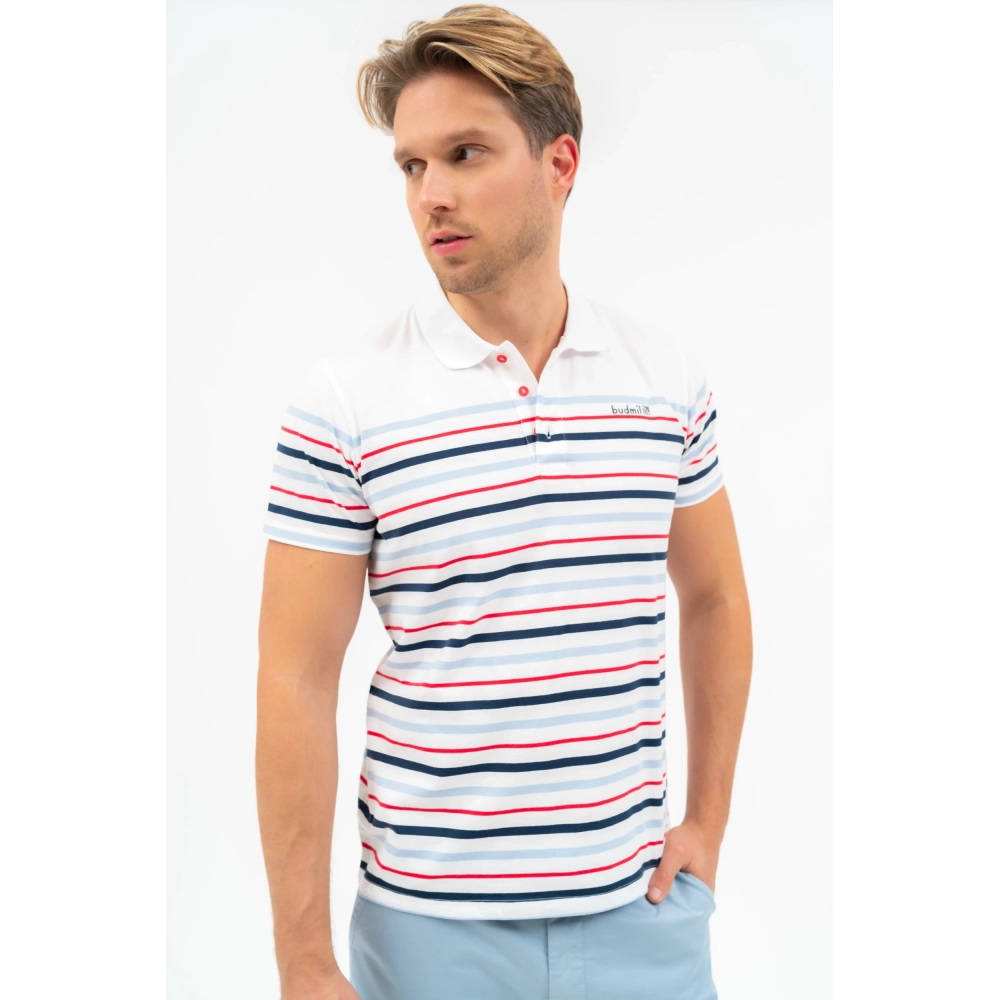 BUDMIL Modern fit galléros póló Férfi XL fehér-s.kék