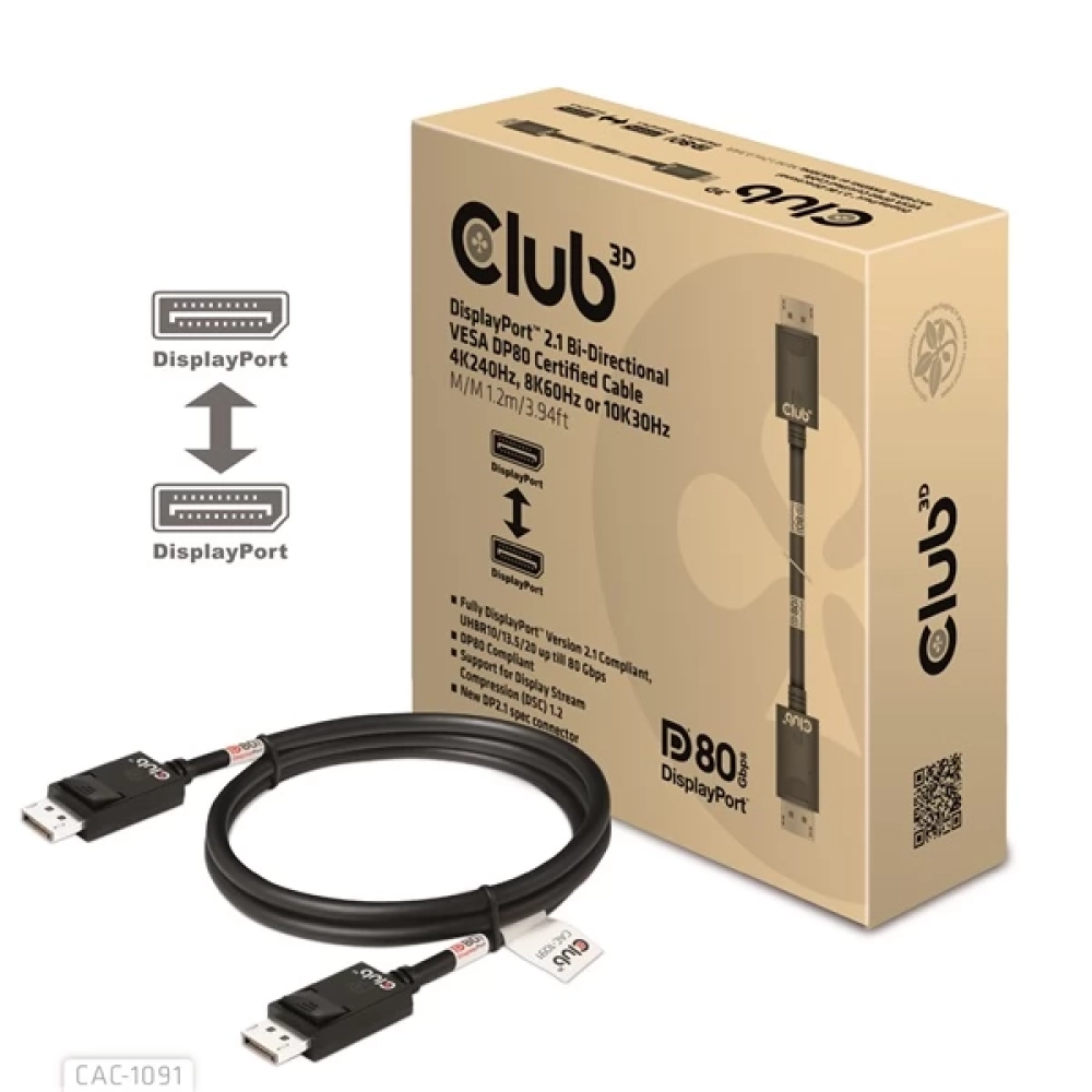 CLUB3D DisplayPort 2.1 Összekötő Fekete 1.2m CAC-1091