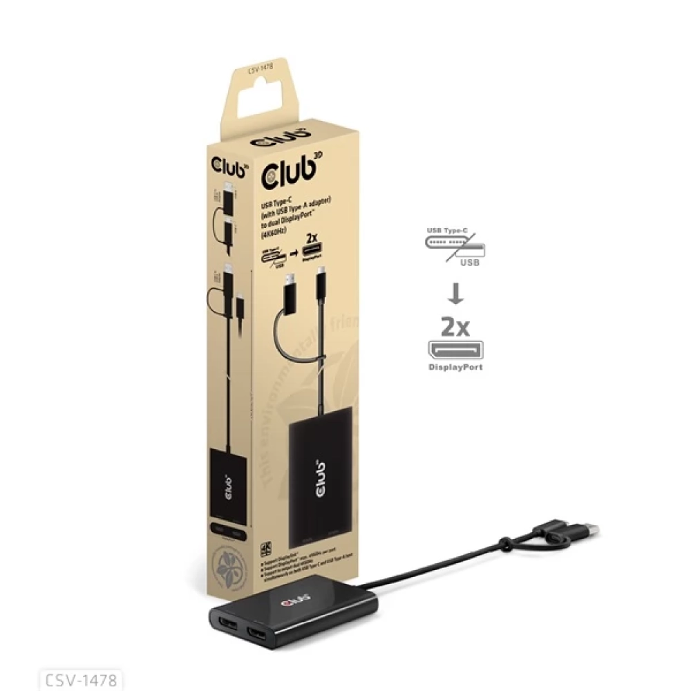 CLUB3D USB 3.0 + USB 3.0 Type C DisplayPort 1.2/1.2a transformator Crno 18cm CSV-1478