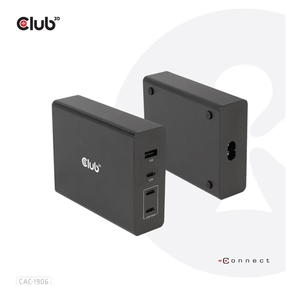 CLUB3D Travel Charger 132W GAN technology - Four port USB Type-A and -C