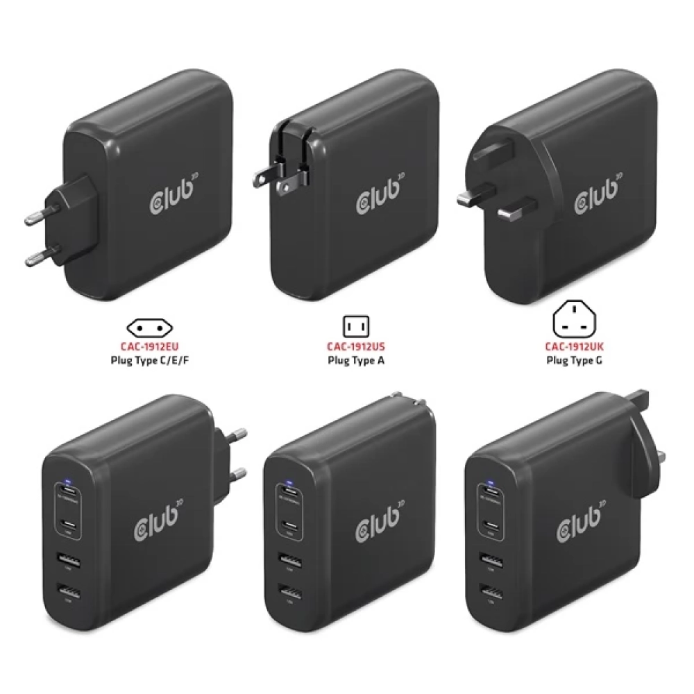 CLUB3D Travel Charger 100W GaN technology Four port USB Type-A(2x) and -C(2x) Power Delivery(PD) 3.0 Support