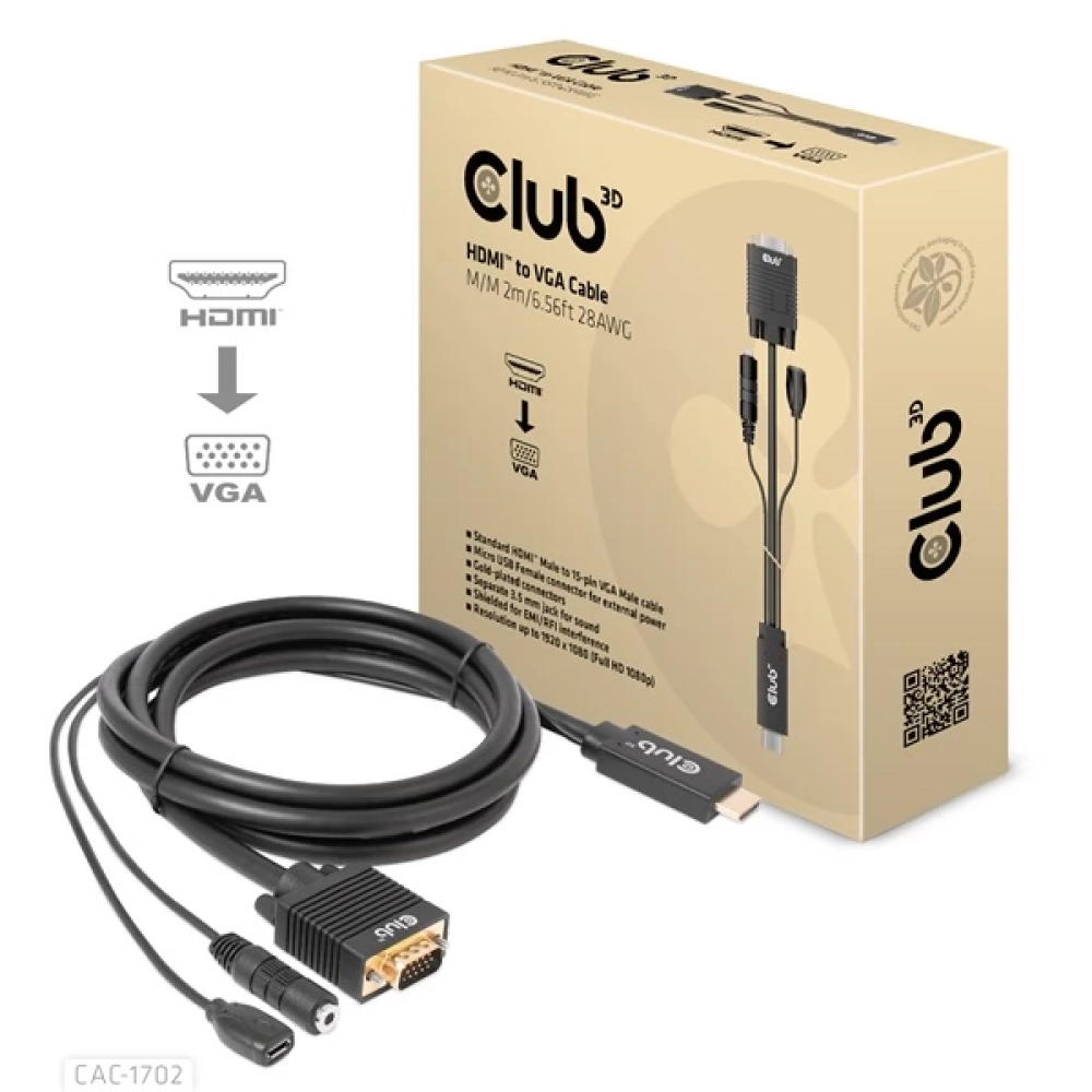 CLUB3D HDMI VGA/D-Sub + Jack Átalakító Fekete 2m CAC-1712