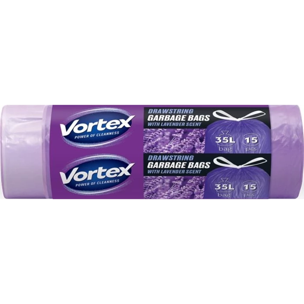 VORTEX Szemeteszsák zárószalagos 35l 50x60cm HDPE 15µ lavender 15pcs