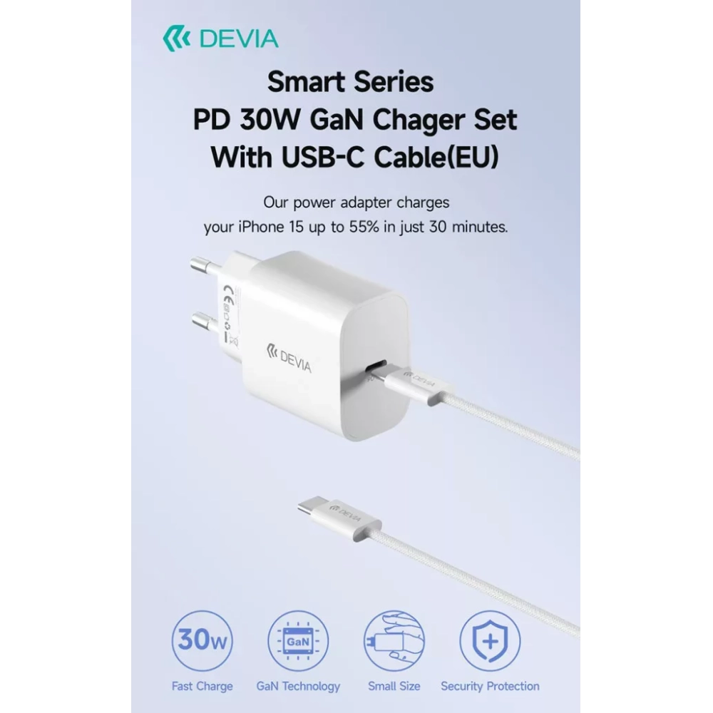 DEVIA Smart Series 30W GaN PD+QC hálózati gyorstöltő adapter + Type-C - Type-C kábel fehér