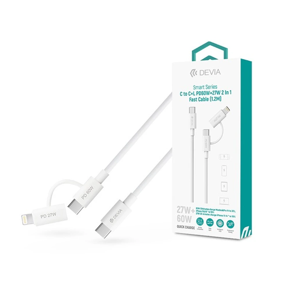 DEVIA USB 2.0 Type C Lightning + USB Type C Töltő/adat Fehér 1.2m ST121485