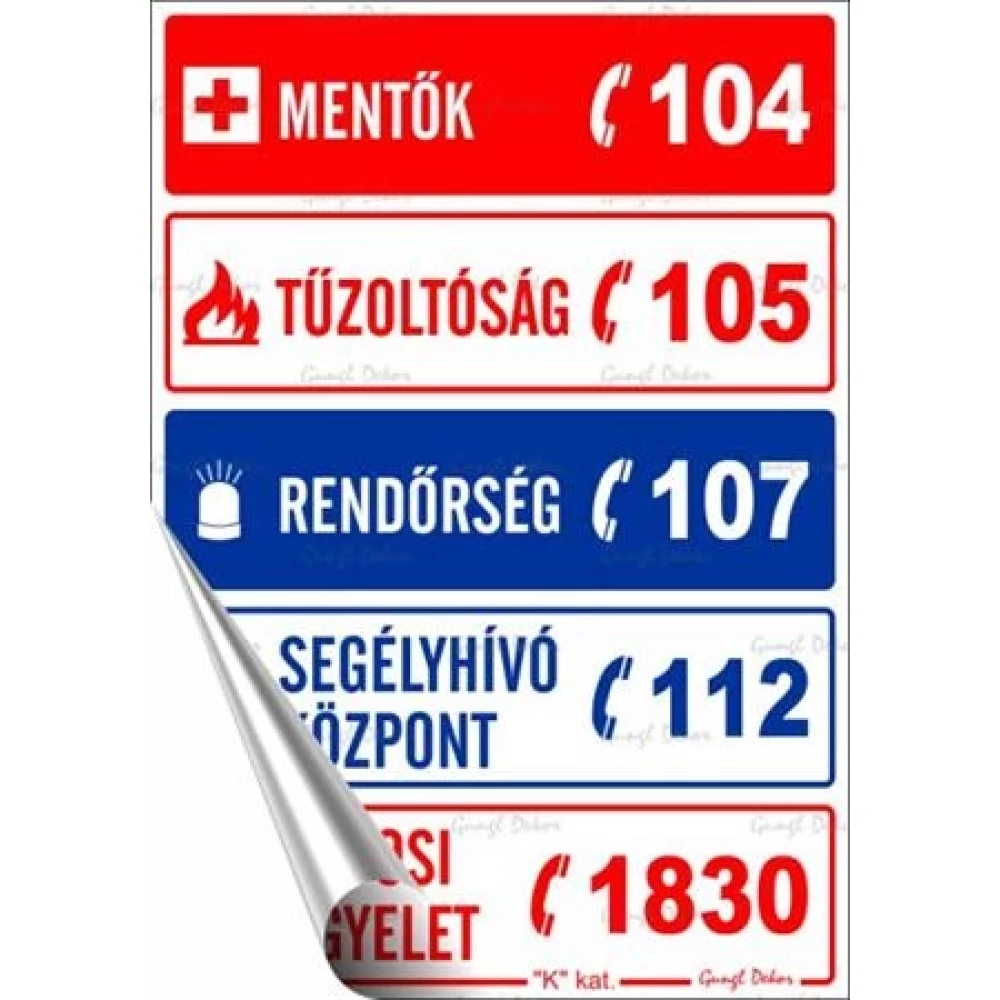 Információs sticker 11.6x16.6cm Segélyhívószámok