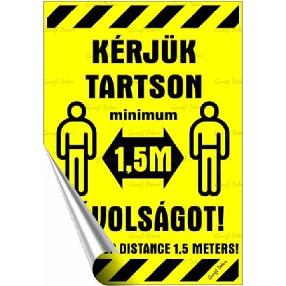 Információs sticker 11.6x16.6cm kétnyelvű Kérjük tartson mininum 1.5m távolságot!