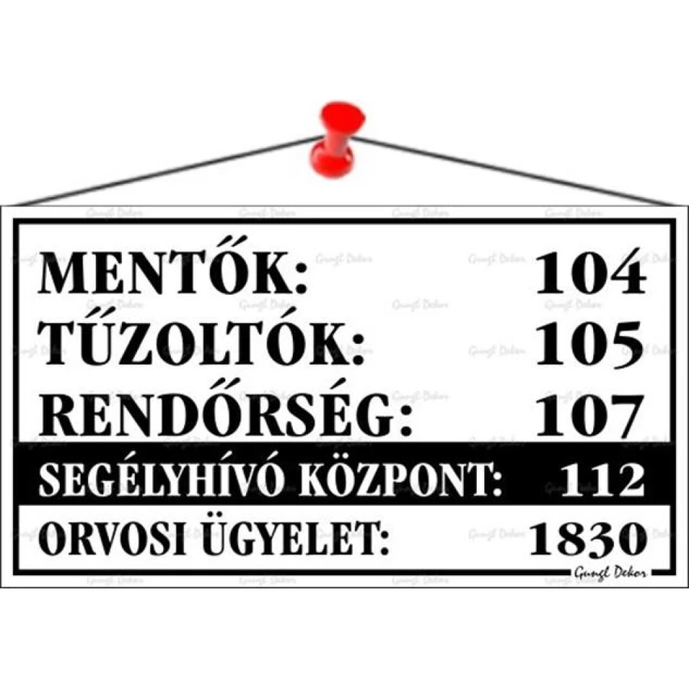 Információs tábla 22.5x12.5cm Mentők tűzoltók rendőrség telefonszámok fehér