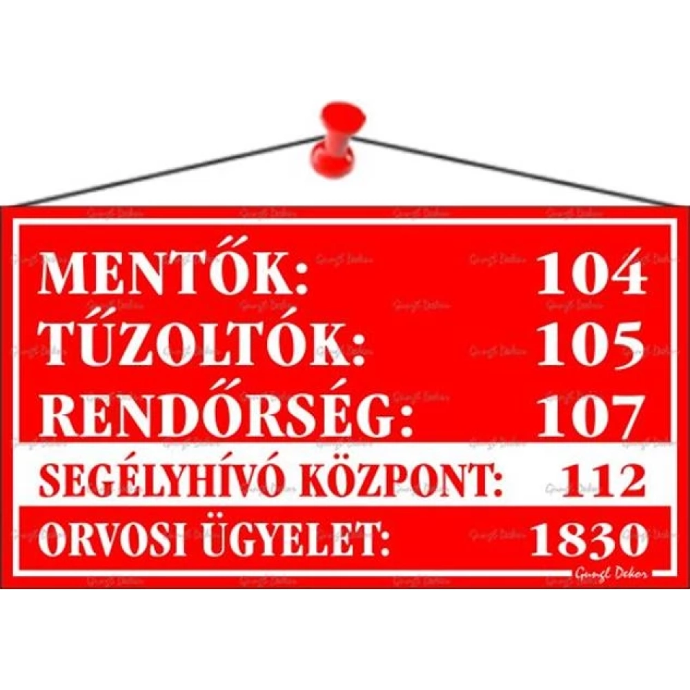 Információs tábla 22.5x12.5cm Mentők tűzoltók rendőrség telefonszámok piros