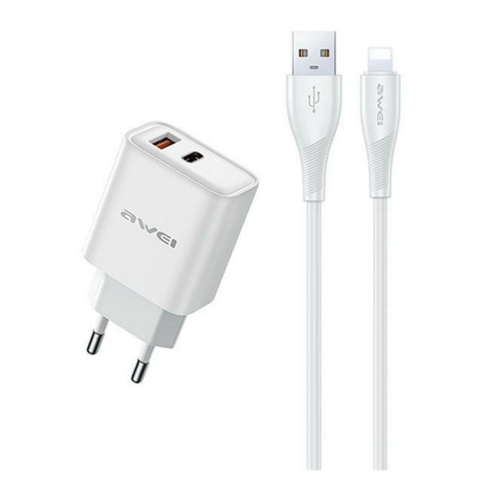 AWEI PD81L-EU networking charger USB+Type-C outlet 22.5W PD fast charger + lightning cable white