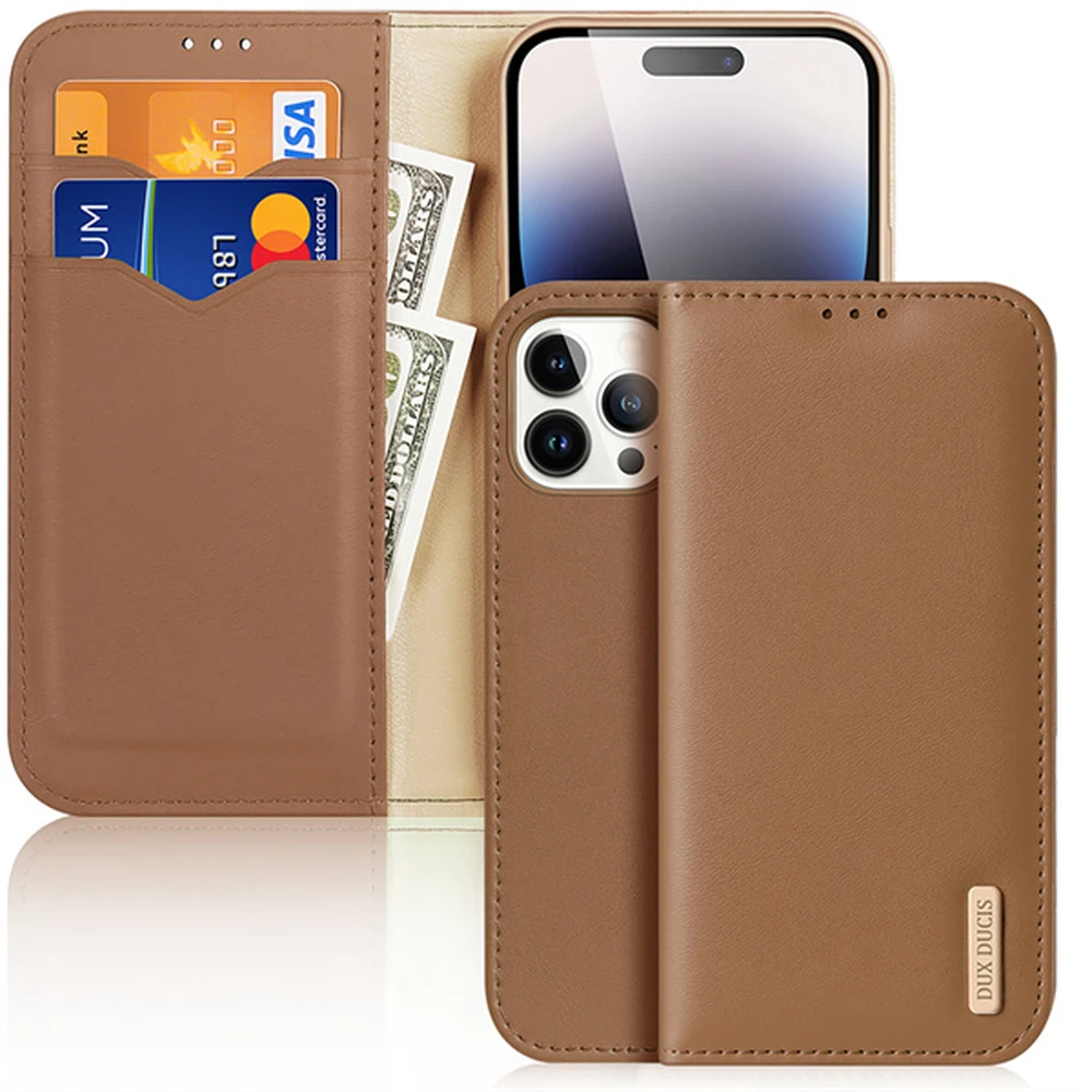 DUX DUCIS iPhone 14 Plus DUX DUCIS HIVO tok álló valódi bőr FLIP RFID BARNA