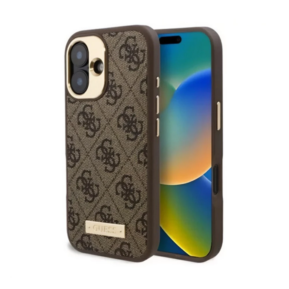 GUESS iPhone 16 GUESS 4G LOGO PLATE silicone telefonvédő textil back panel MagSafe VILÁGOSBARNA