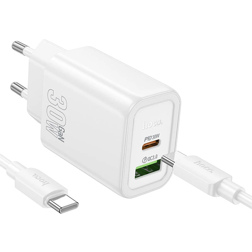 HOCO N63 network charger USB +Type-C outlet 30W PD fast charger 3.0 + lightning cable white