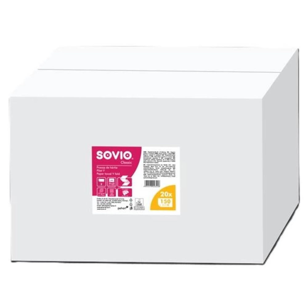 SOVIO Kéztörlő V hajtogatott 2 rétegű 150 lap 21x23 cm 20db
