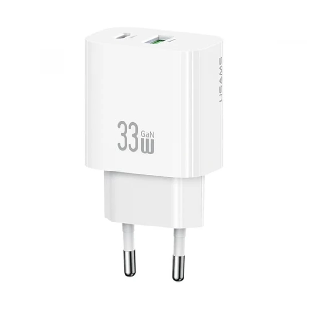 USAMS T65 hálózati töltő USB+Type-C aljzat 33W PD gyorstöltő FEHÉR