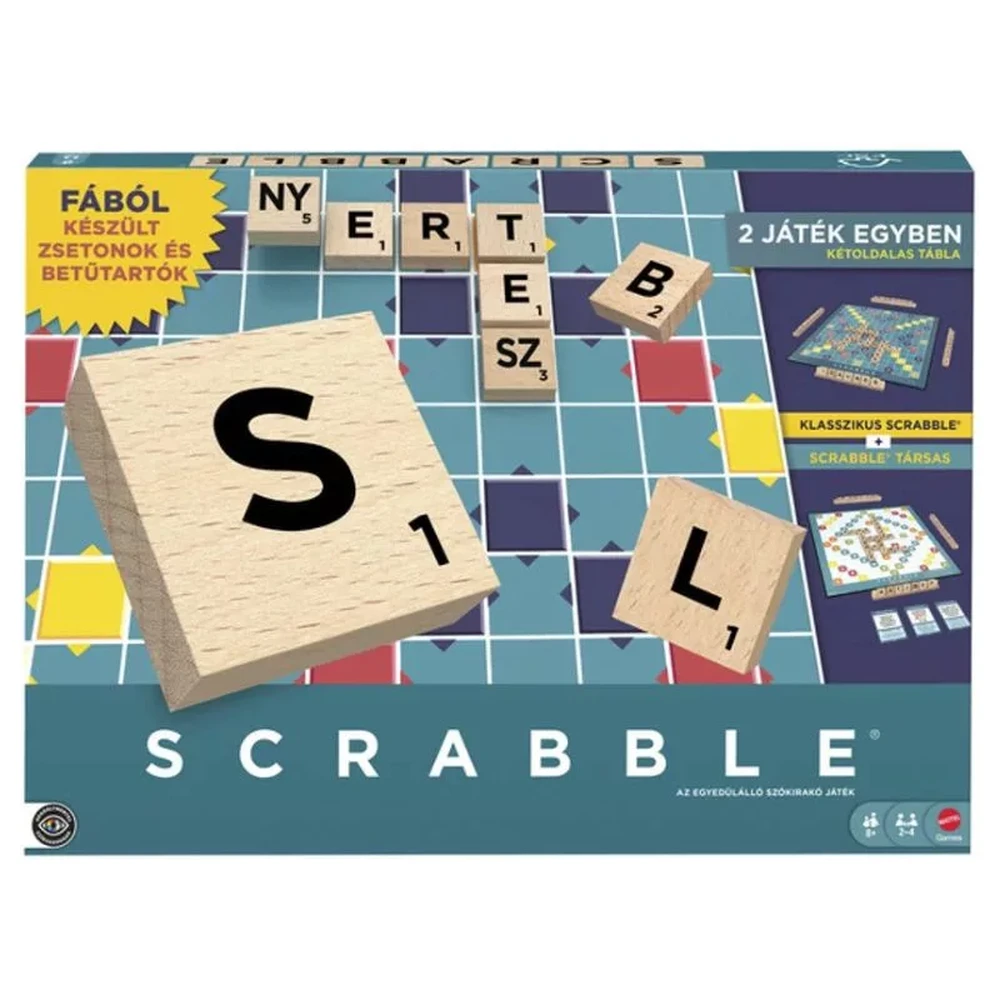 MATTEL Scrabble klasszikus és társasjáték 2 az 1-ben prémium fa változat